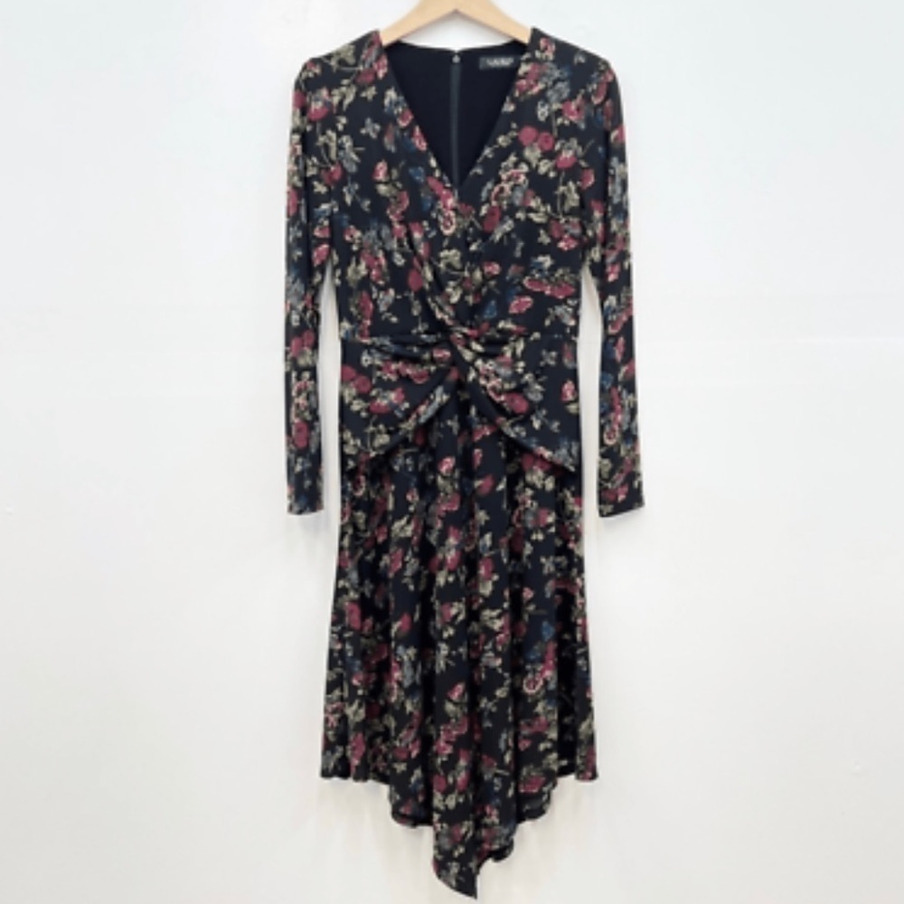 Lauren Ralph Lauren Women's Floral Surplice Jersey Dress Black Red Size 10 NWT